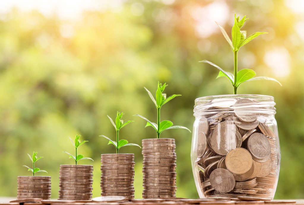 Rostoucí stohy mincí se sazenicemi symbolizující finanční obnovu a nový začátek po oddlužení